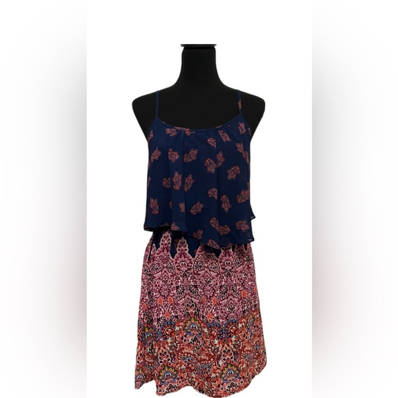 Navy and Pink Patterned Dress Size Large - Picture 1 of 4